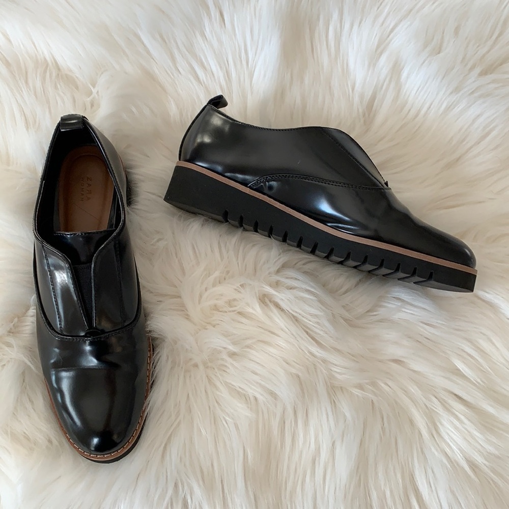 Zara Black Patent Leather Slip-On Loafers with Brown Trim